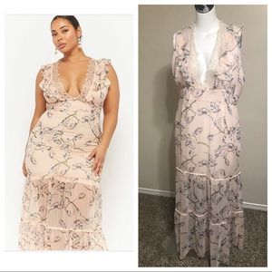 Plus Size Dark Pink Floral Tiered Maxi Dress